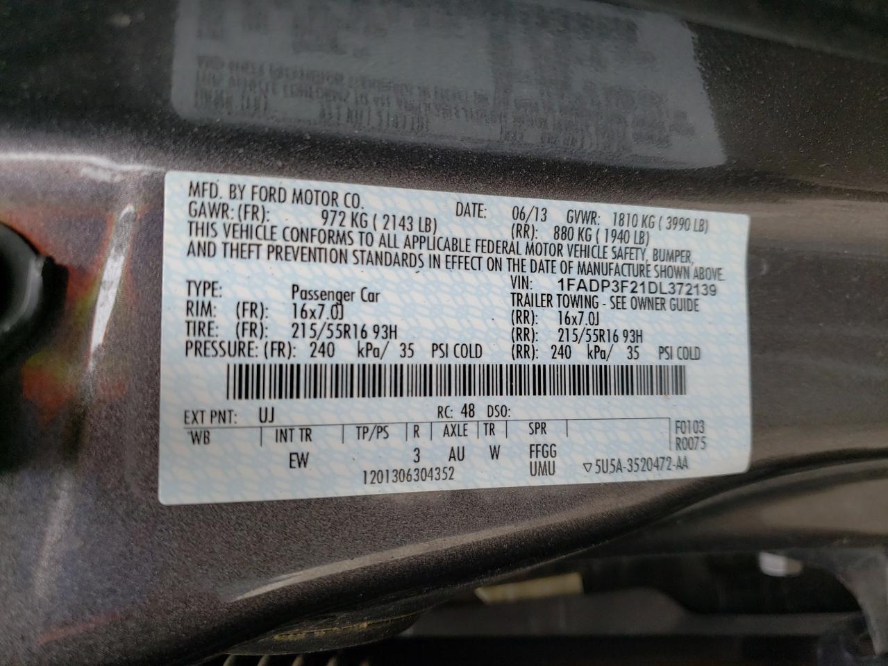Photo 10 from auction – 2013 FORD FOCUS SE with VIN 1FADP3F21DL372139