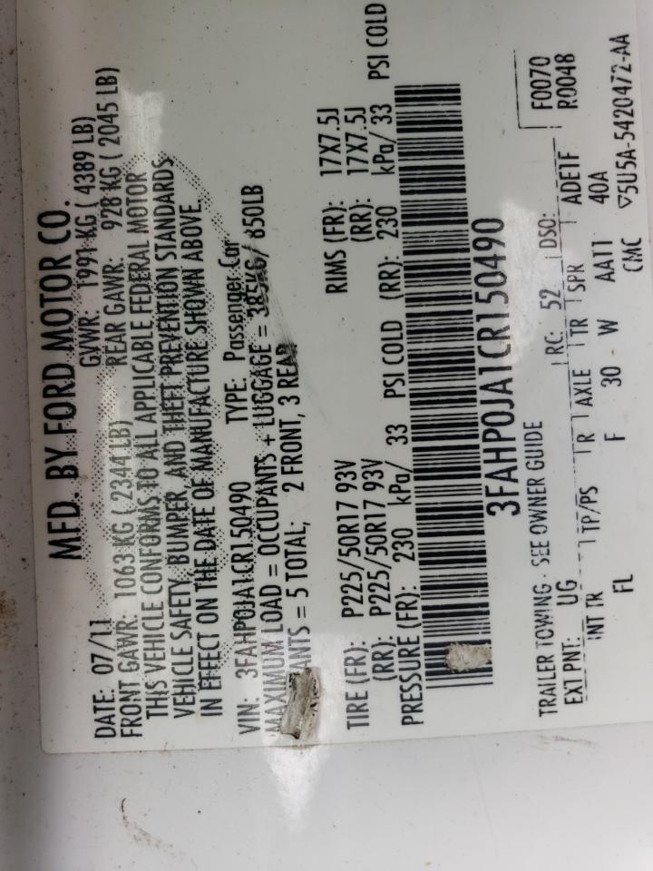 Photo 11 from auction – 2012 FORD FUSION SEL with VIN 3FAHP0JA1CR150490
