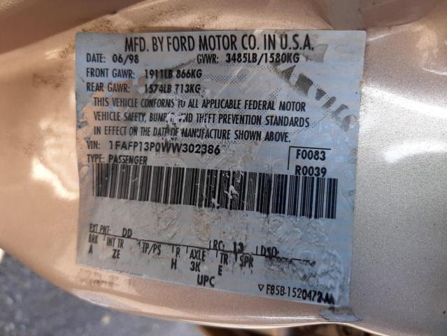 Photo 10 from auction – 1998 FORD ESCORT SE with VIN 1FAFP13P0WW302386