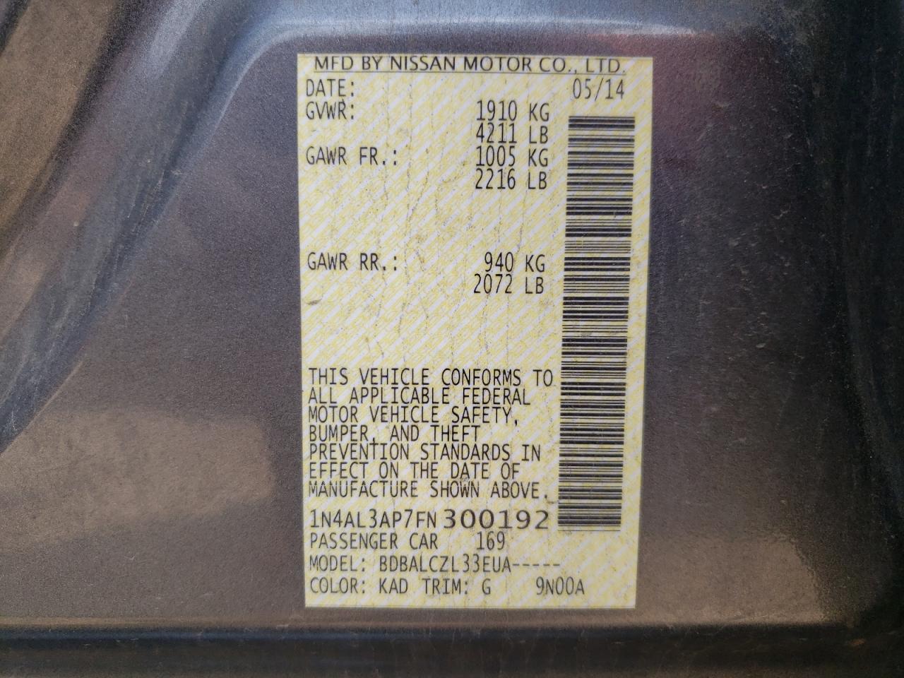 Photo 10 from auction – 2015 NISSAN ALTIMA 2.5 with VIN 1N4AL3AP7FN300192
