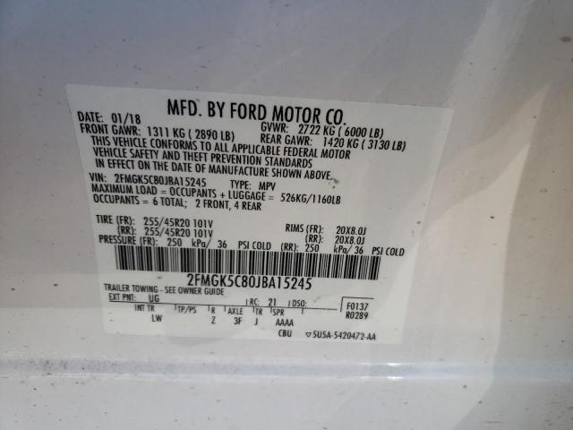 Photo 10 from auction – 2018 FORD FLEX SEL with VIN 2FMGK5C80JBA15245