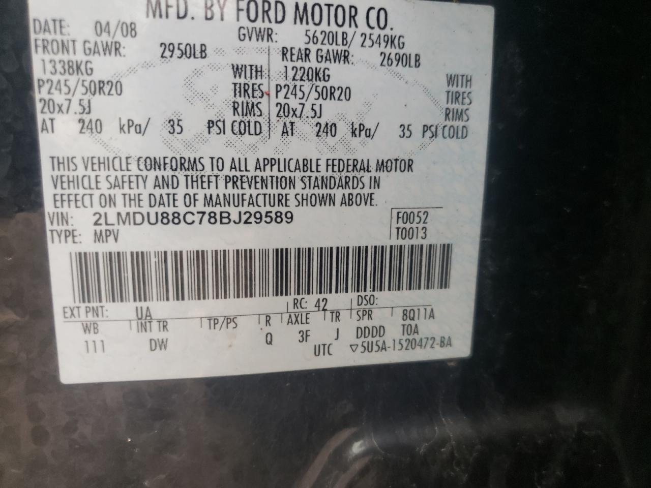 Photo 10 from auction – 2008 LINCOLN MKX with VIN 2LMDU88C78BJ29589
