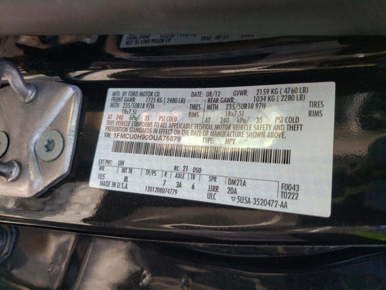 Photo 10 from auction – 2013 FORD ESCAPE SEL with VIN 1FMCU0H90DUA76879