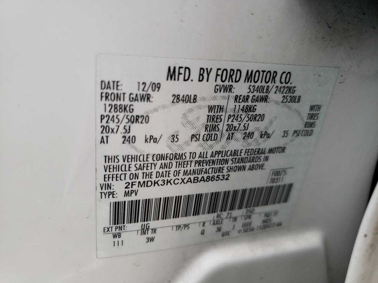 Photo 10 from auction – 2010 FORD EDGE LIMIT with VIN 2FMDK3KCXABA86532