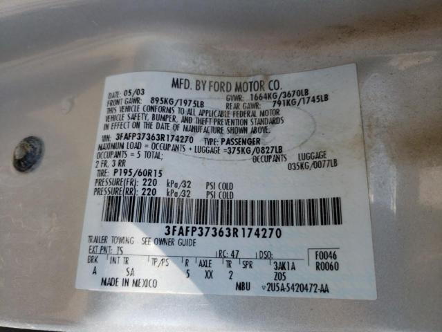 Photo 10 from auction – 2003 FORD FOCUS ZX5 with VIN 3FAFP37363R174270