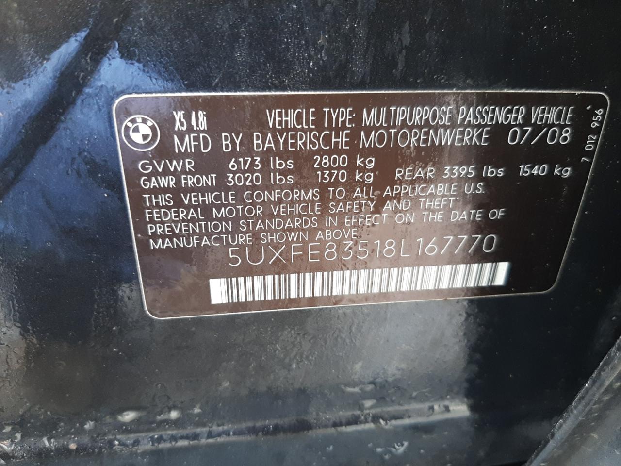 Photo 10 from auction – 2008 BMW X5 4.8I with VIN 5UXFE83518L167770