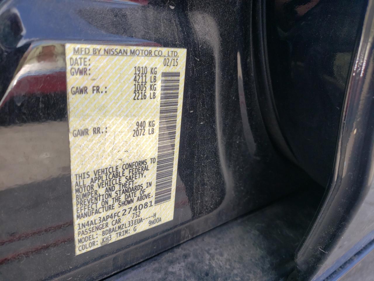 Photo 10 from auction – 2015 NISSAN ALTIMA 2.5 with VIN 1N4AL3AP4FC274081