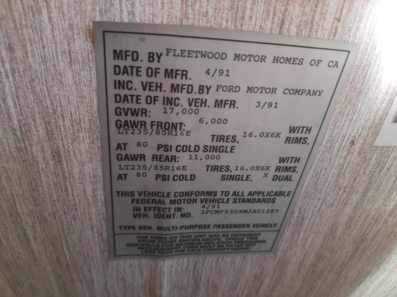 Photo 10 from auction – 1991 BOUN MOTORHOME with VIN 3FCMF53G9MJA01285