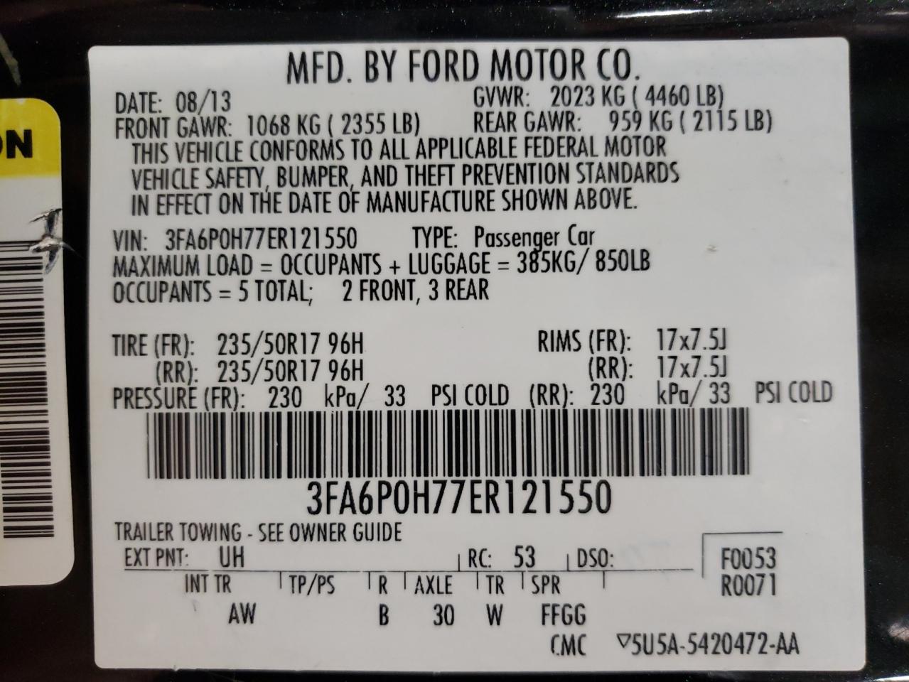Photo 10 from auction – 2014 FORD FUSION SE with VIN 3FA6P0H77ER121550