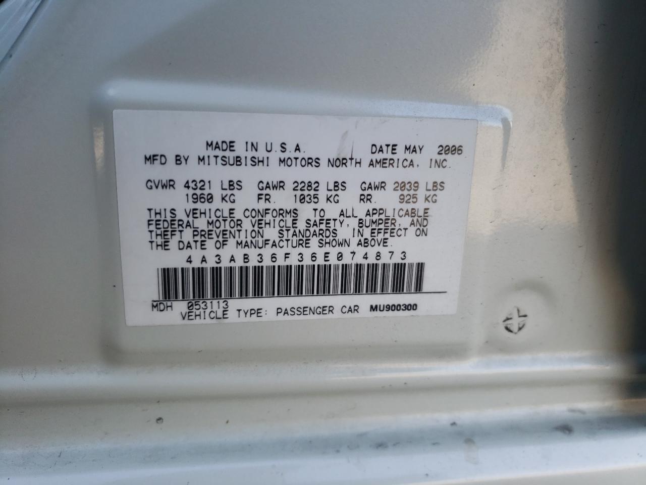 Photo 10 from auction – 2006 MITSUBISHI GALANT ES with VIN 4A3AB36F36E074873