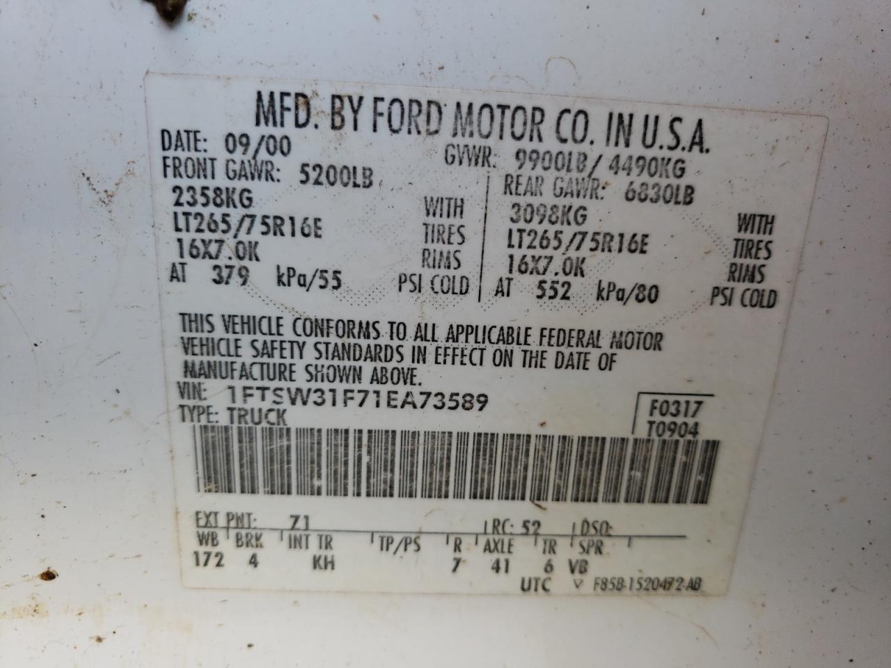 Photo 10 from auction – 2001 FORD F350 SRW S with VIN 1FTSW31F71EA73589