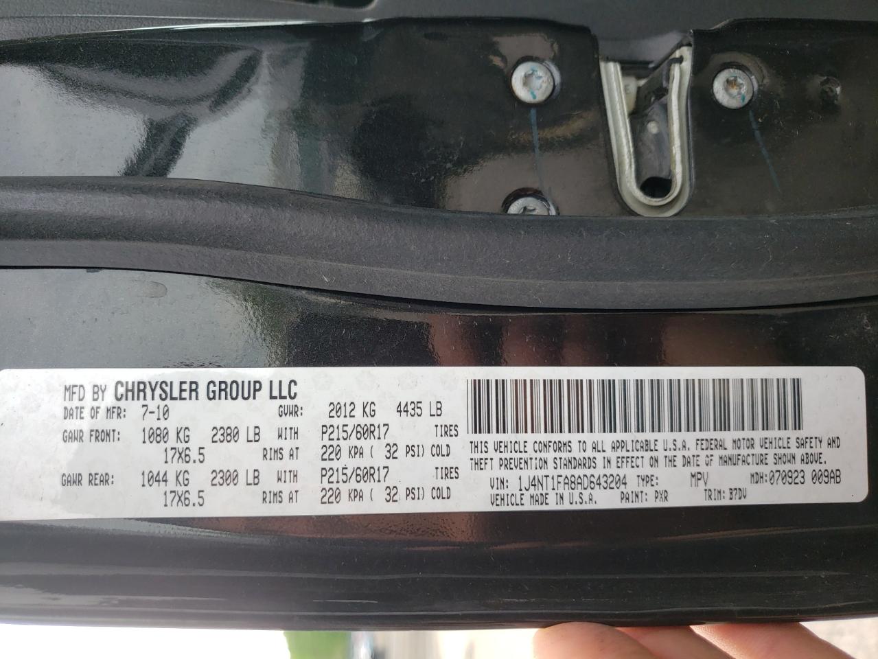 Photo 20 from auction – 2010 JEEP COMPASS SP with VIN 1J4NT1FA8AD643204