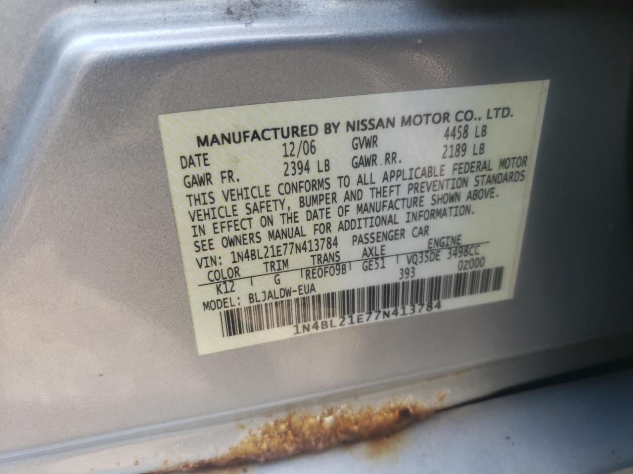 Photo 10 from auction – 2007 NISSAN ALTIMA 3.5 with VIN 1N4BL21E77N413784
