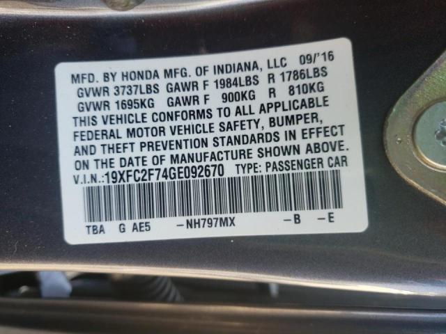 Photo 10 from auction – 2016 HONDA CIVIC EX with VIN 19XFC2F74GE092670
