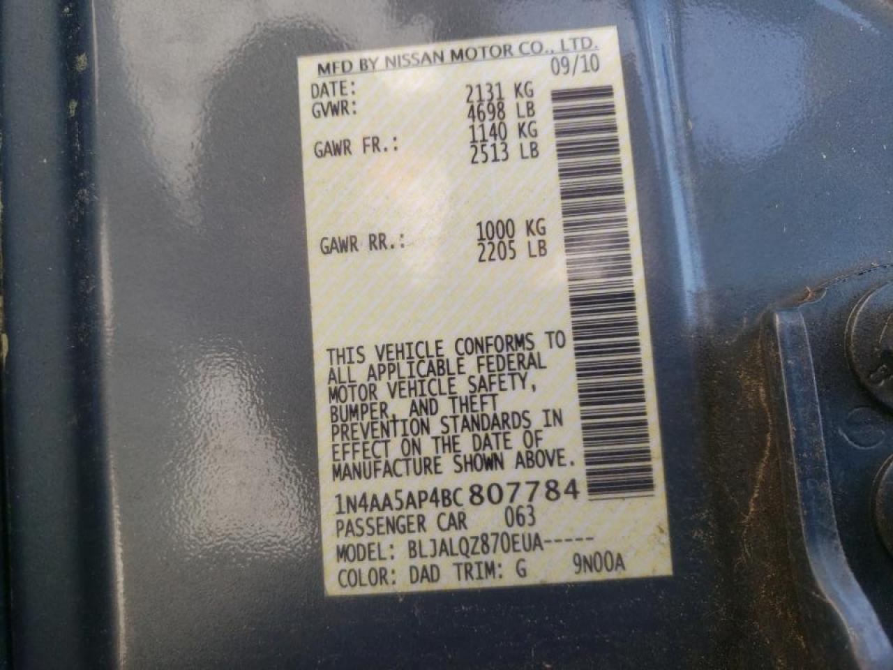 Photo 10 from auction – 2011 NISSAN MAXIMA S with VIN 1N4AA5AP4BC807784