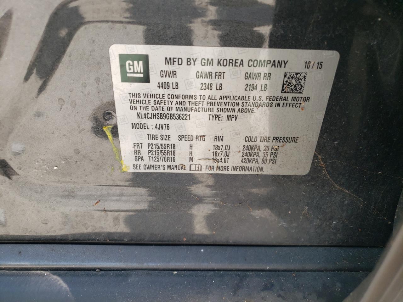 Photo 10 from auction – 2016 BUICK ENCORE PRE with VIN KL4CJHSB9GB536221