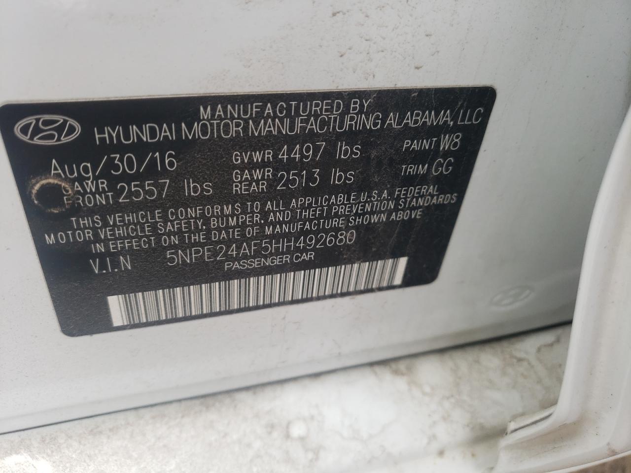 Photo 11 from auction – 2017 HYUNDAI SONATA SE with VIN 5NPE24AF5HH492680