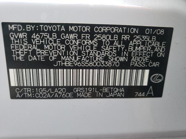Photo 10 from auction – 2008 LEXUS GS 350 with VIN JTHBE96S580033870