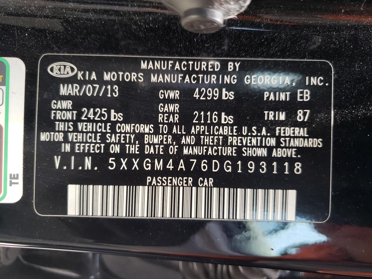Photo 10 from auction – 2013 KIA OPTIMA LX with VIN 5XXGM4A76DG193118