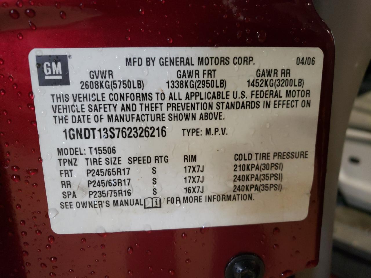 Photo 10 from auction – 2006 CHEVROLET TRAILBLAZE with VIN 1GNDT13S762326216