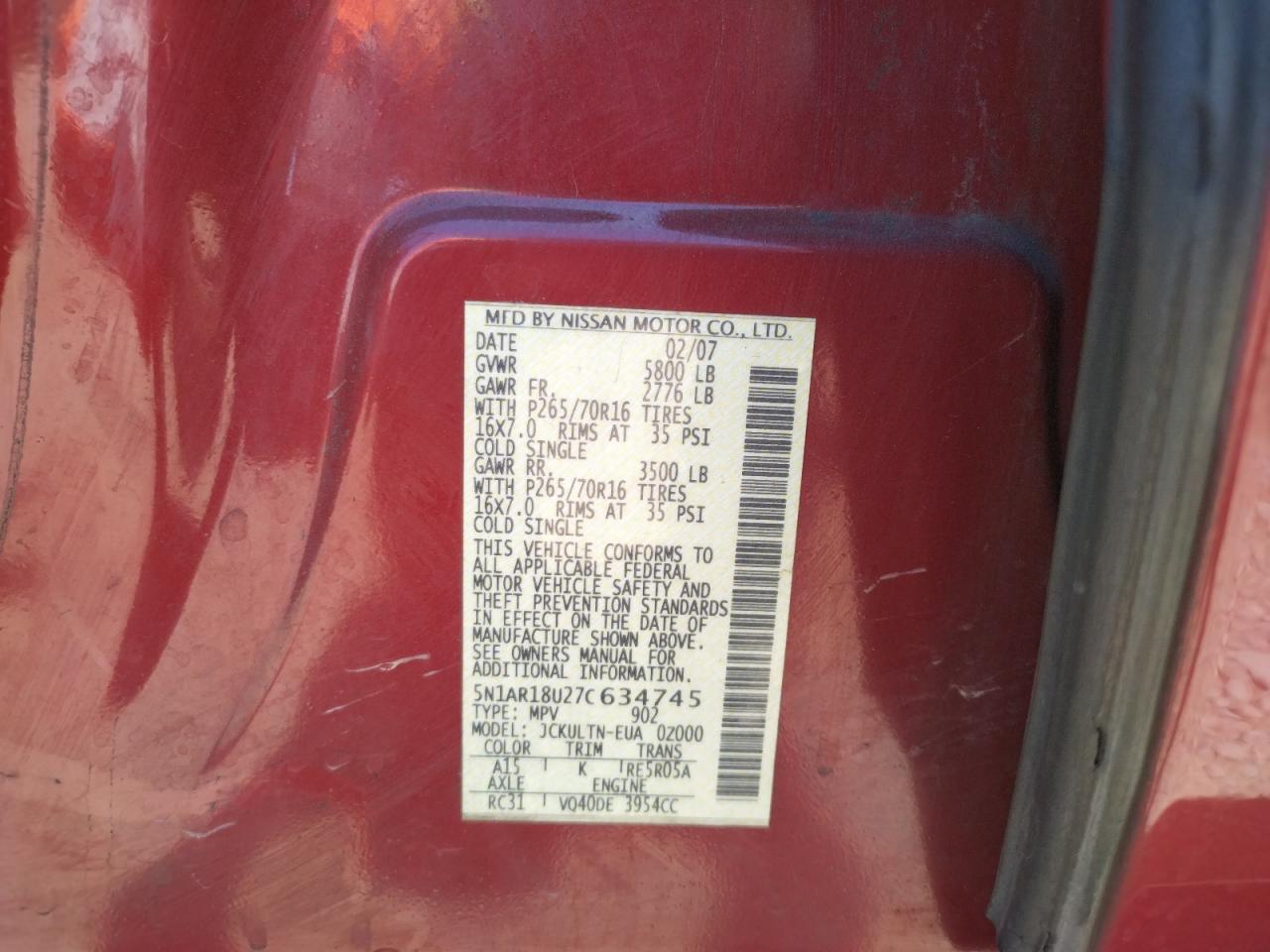 Photo 10 from auction – 2007 NISSAN PATHFINDER with VIN 5N1AR18U27C634745
