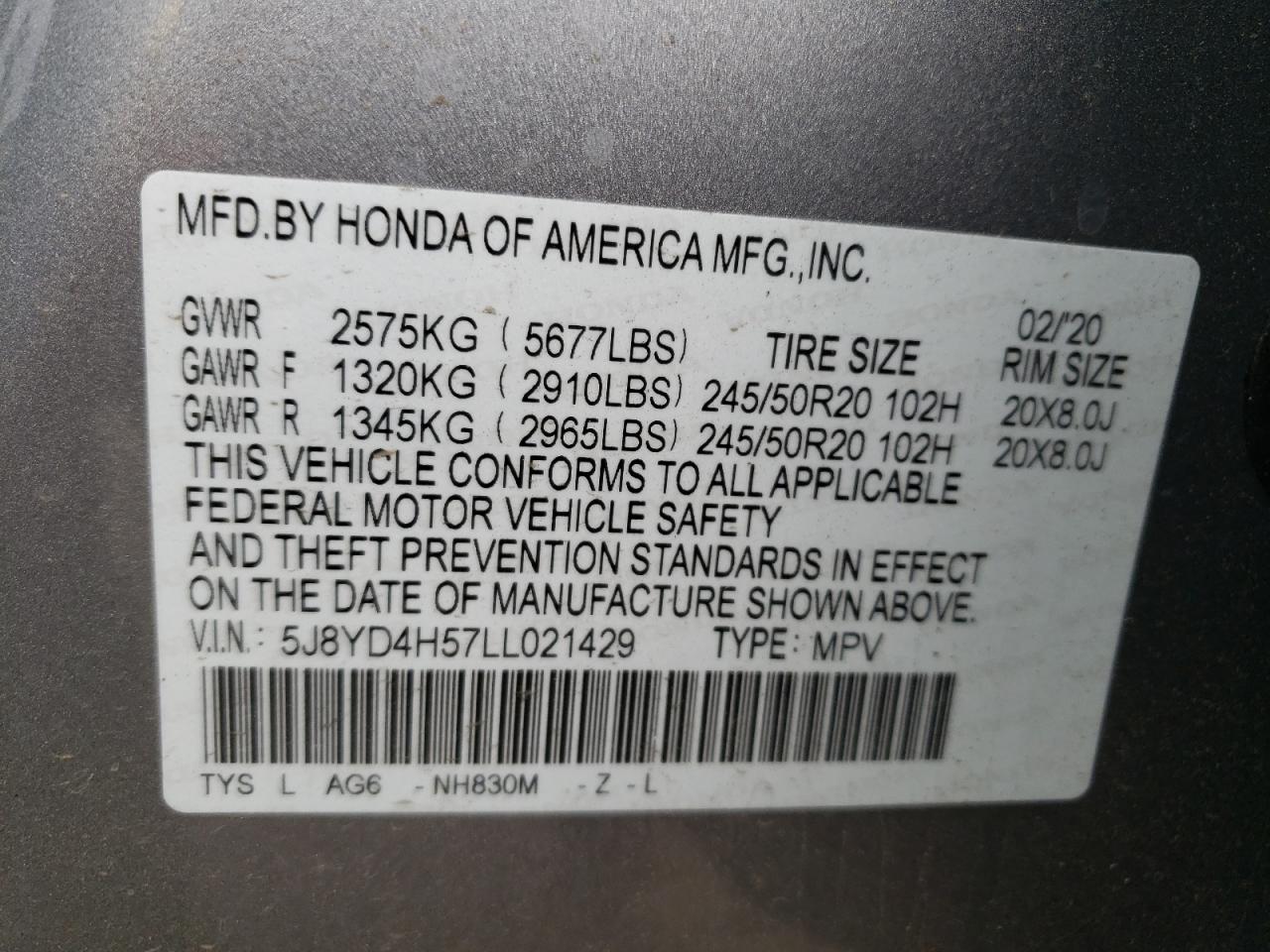 Photo 10 from auction – 2020 ACURA MDX TECHNO with VIN 5J8YD4H57LL021429