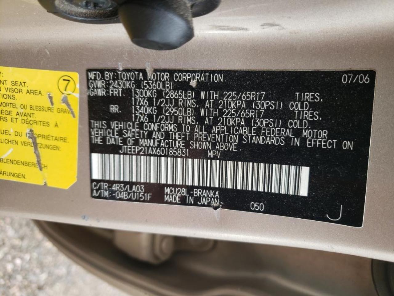 Photo 10 from auction – 2006 TOYOTA HIGHLANDER with VIN JTEEP21AX60185831