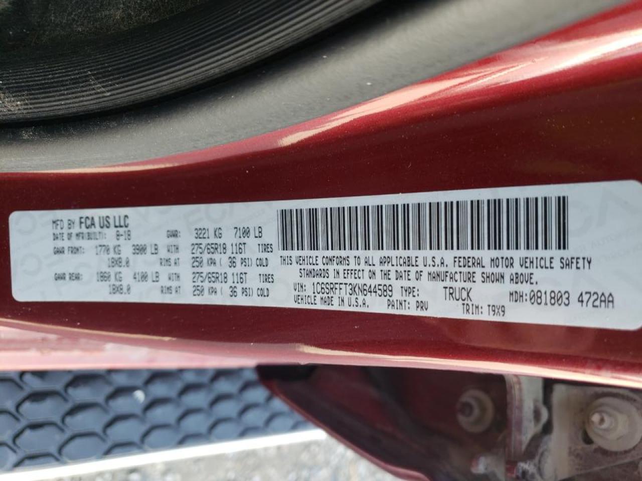Photo 10 from auction – 2019 RAM 1500 BIG H with VIN 1C6SRFFT3KN644589