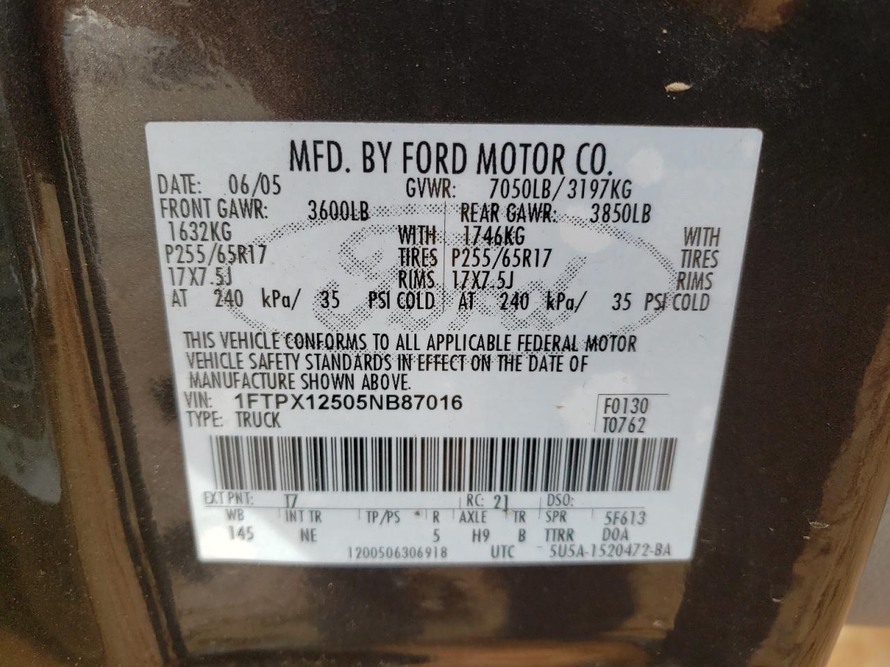 Photo 10 from auction – 2005 FORD F150 with VIN 1FTPX12505NB87016
