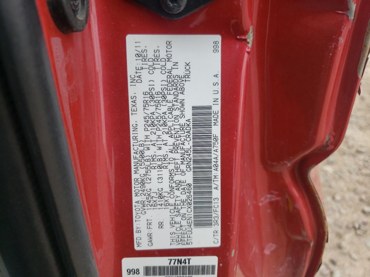 Photo 10 from auction – 2012 TOYOTA TACOMA with VIN 5TFUU4EN1CX026460