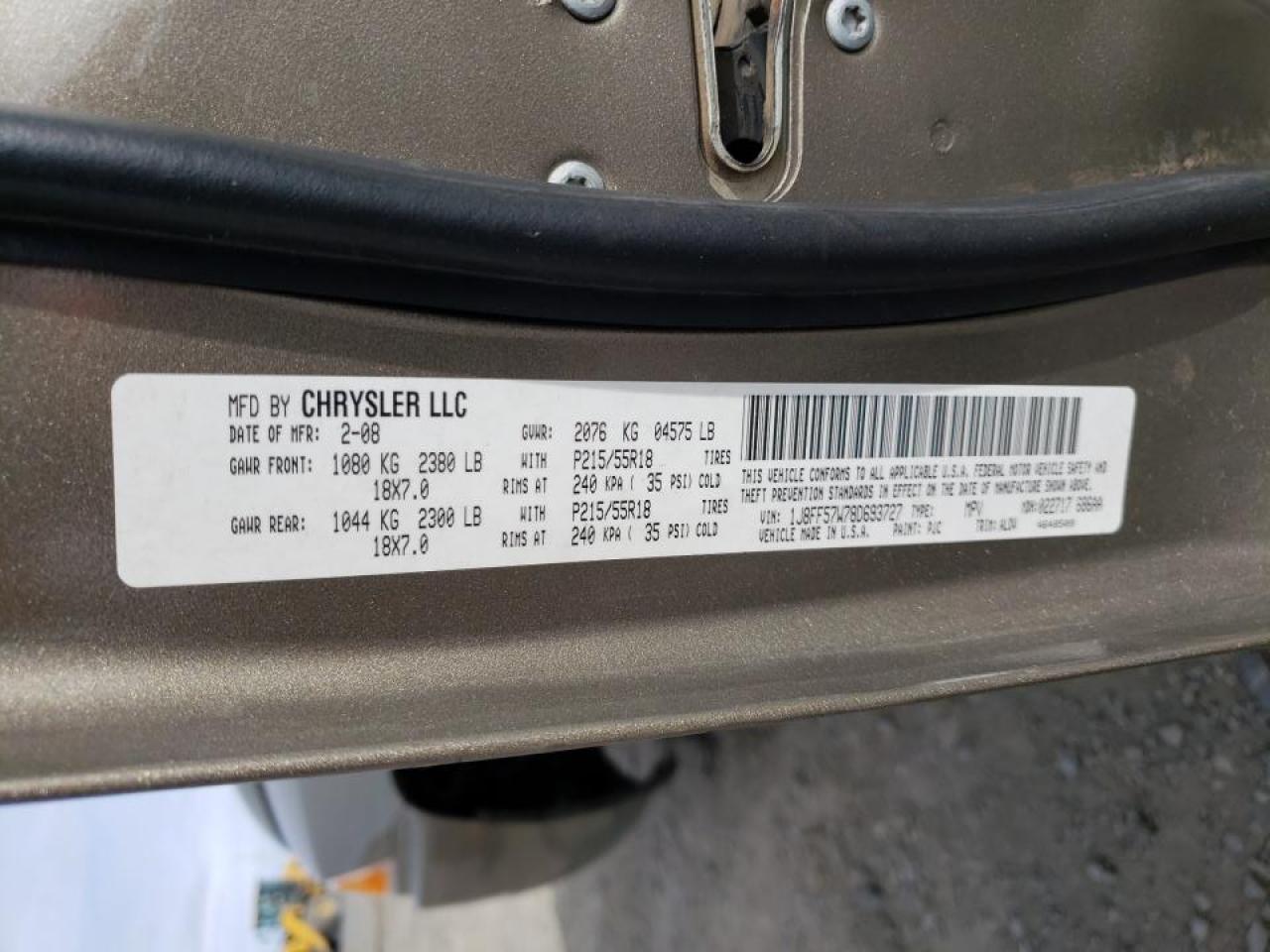 Photo 10 from auction – 2008 JEEP COMPASS LI with VIN 1J8FF57W78D693727