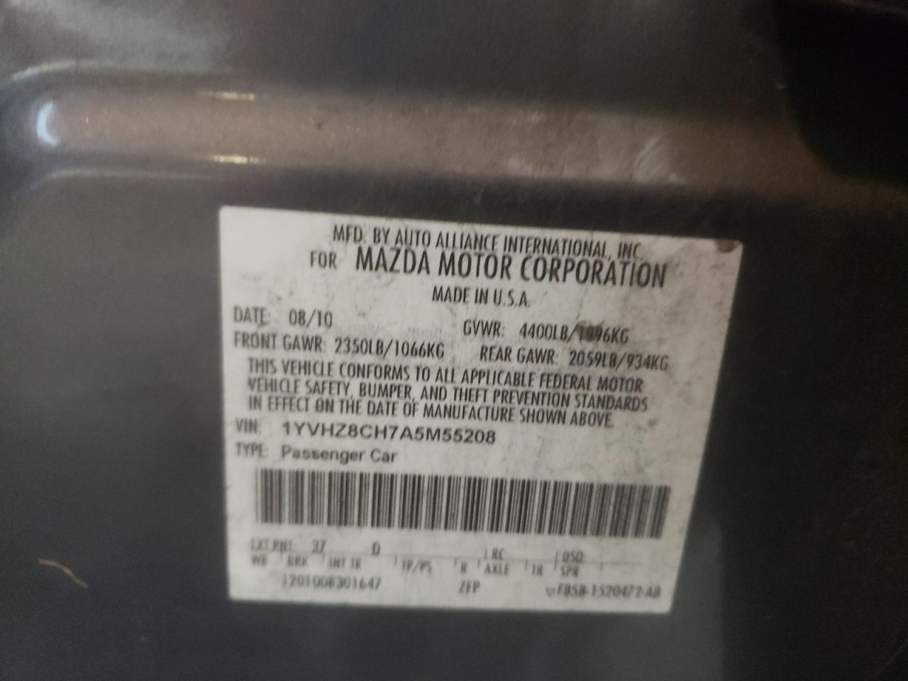 Photo 20 from auction – 2010 MAZDA 6 I with VIN 1YVHZ8CH7A5M55208
