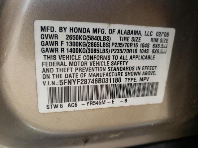 Photo 10 from auction – 2006 HONDA PILOT EX with VIN 5FNYF28746B031180