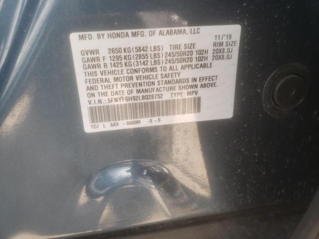 Photo 10 from auction – 2020 HONDA PILOT TOUR with VIN 5FNYF6H92LB028752
