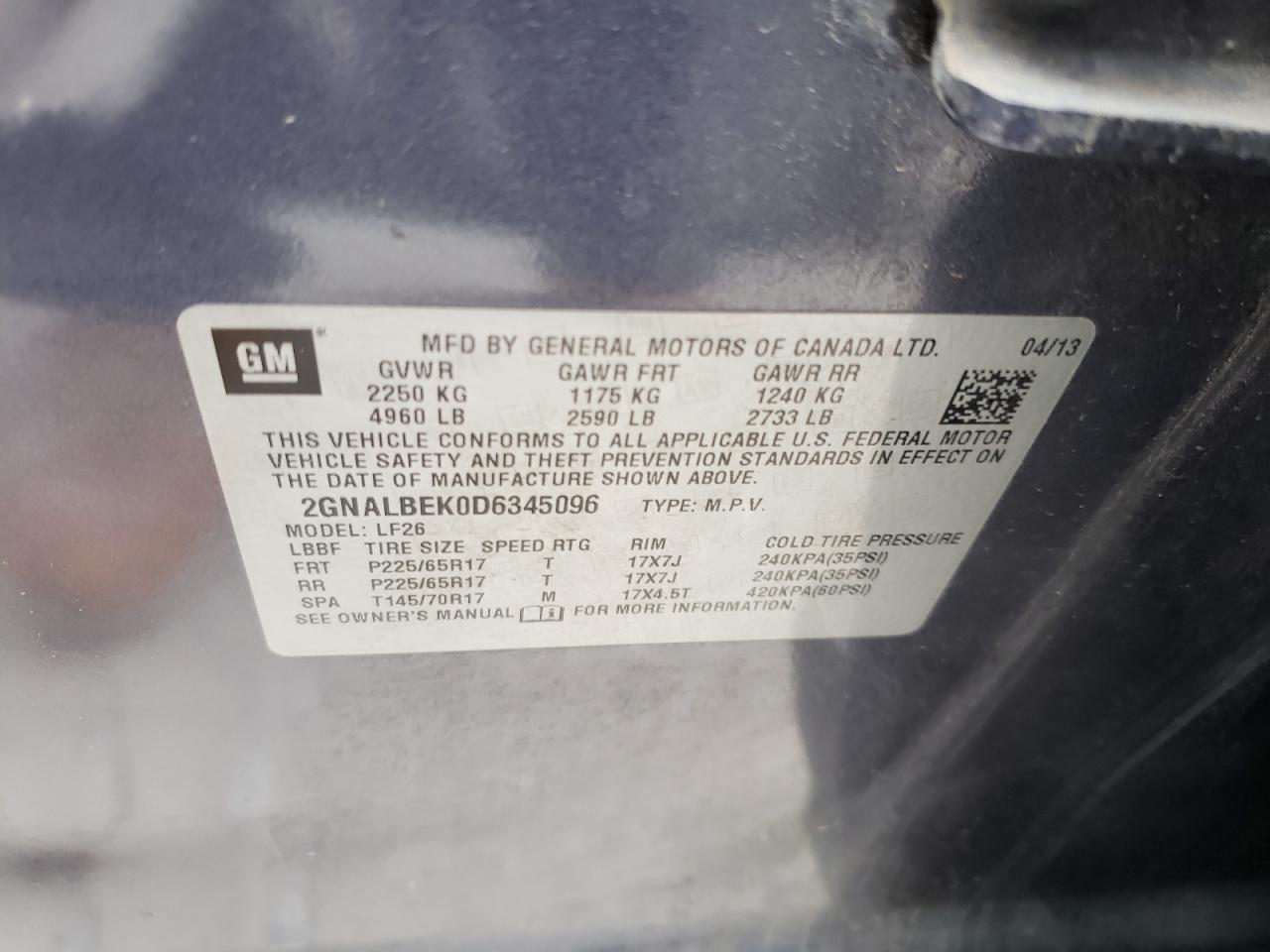 Photo 19 from auction – 2013 CHEVROLET EQUINOX LS with VIN 2GNALBEK0D6345096