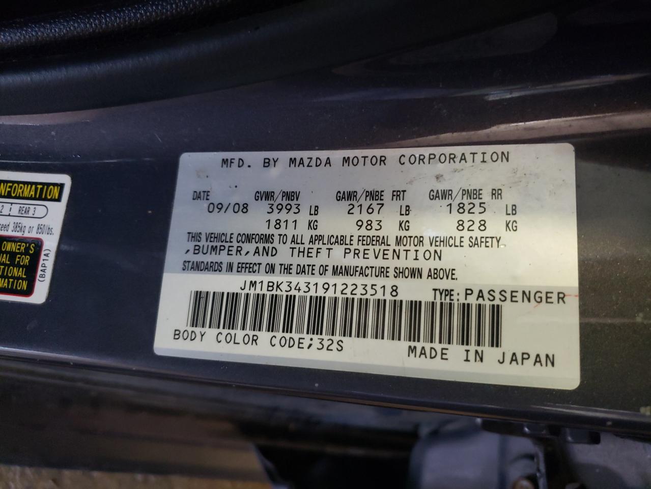 Photo 10 from auction – 2009 MAZDA 3 S with VIN JM1BK343191223518