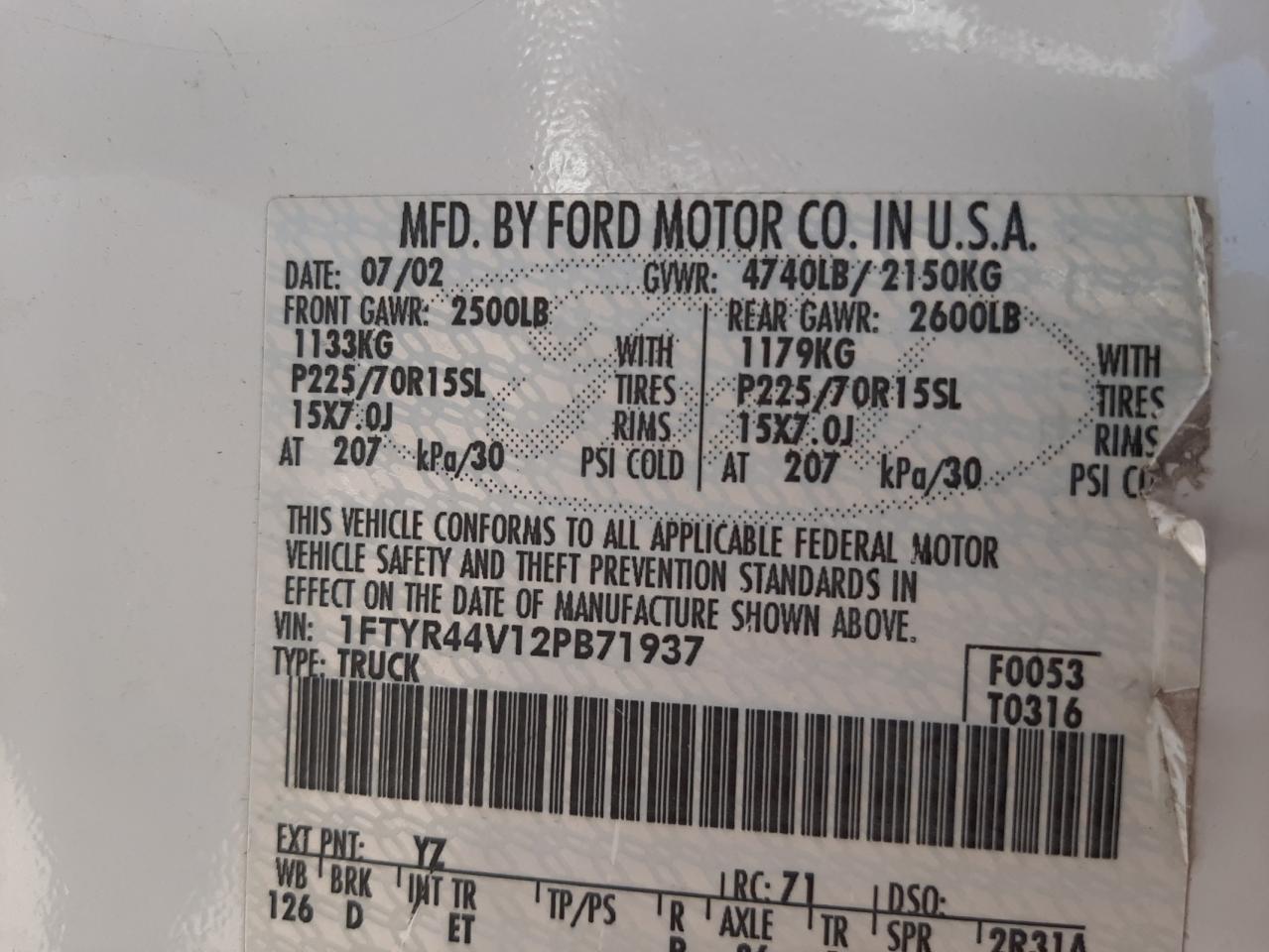 Photo 20 from auction – 2002 FORD RANGER SUP with VIN 1FTYR44V12PB71937