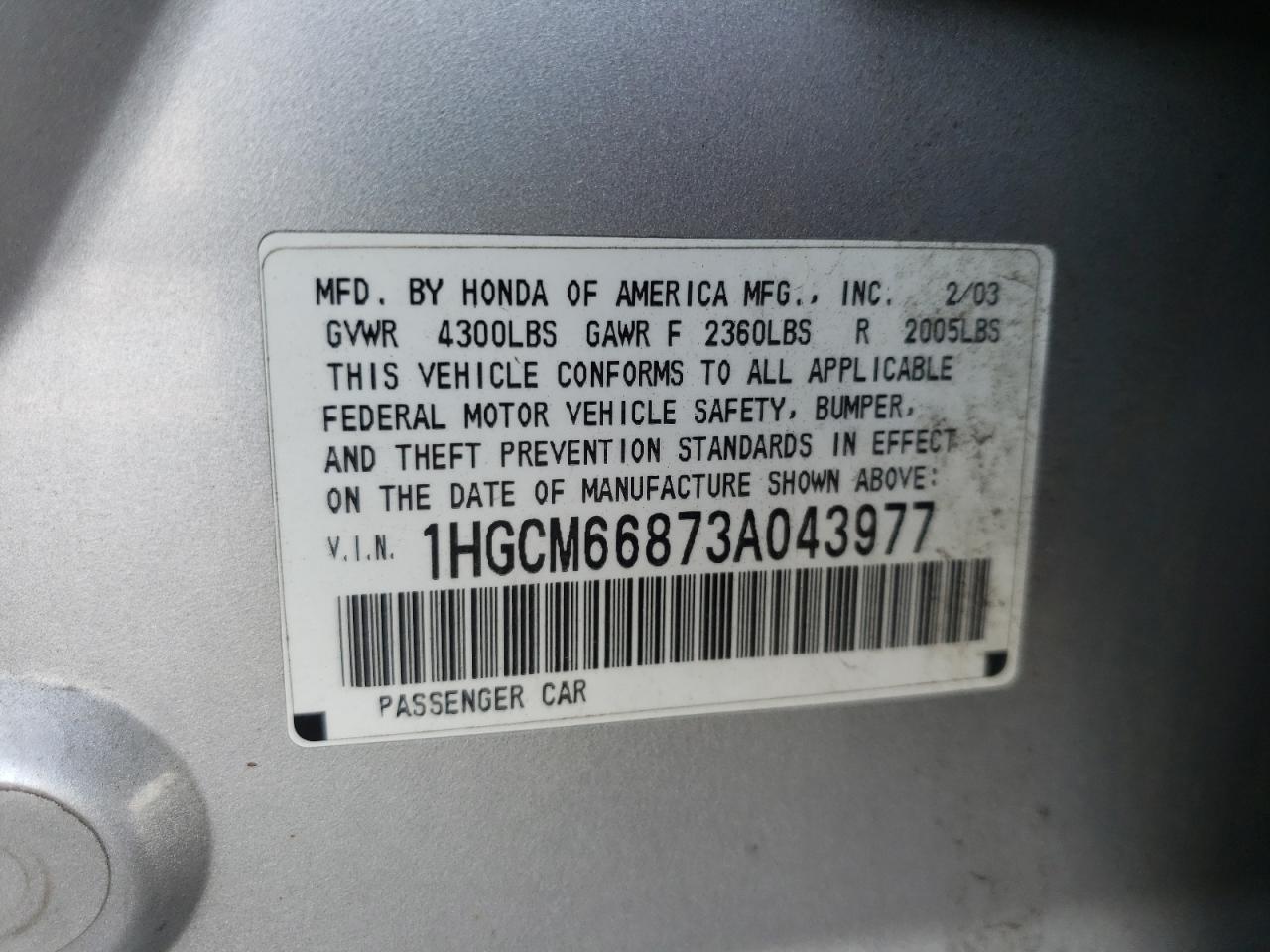 Photo 10 from auction – 2003 HONDA ACCORD EX with VIN 1HGCM66873A043977