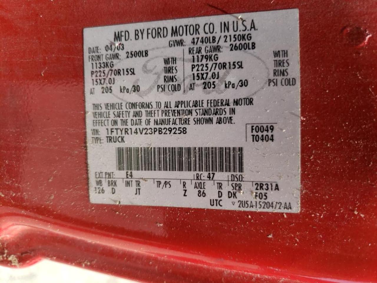 Photo 10 from auction – 2003 FORD RANGER SUP with VIN 1FTYR14V23PB29258