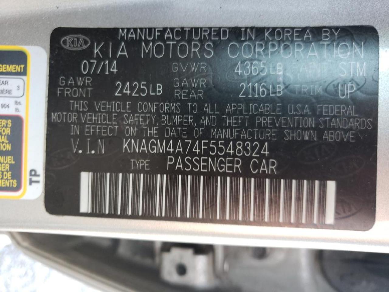 Photo 10 from auction – 2015 KIA OPTIMA LX with VIN KNAGM4A74F5548324