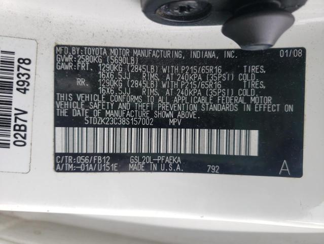 Photo 10 from auction – 2008 TOYOTA SIENNA CE with VIN 5TDZK23C38S157002