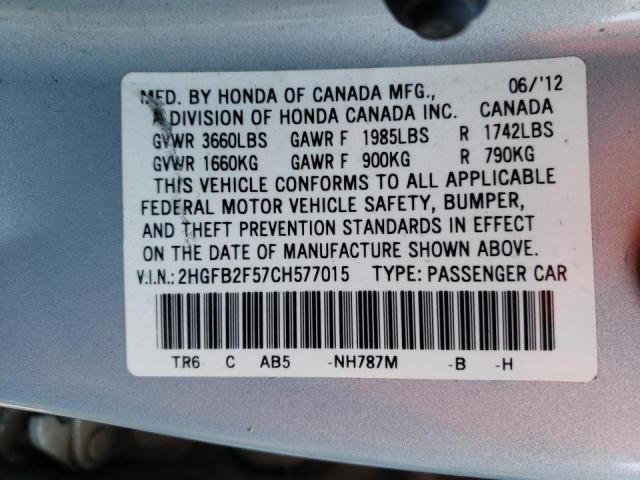 Photo 10 from auction – 2012 HONDA CIVIC LX with VIN 2HGFB2F57CH577015