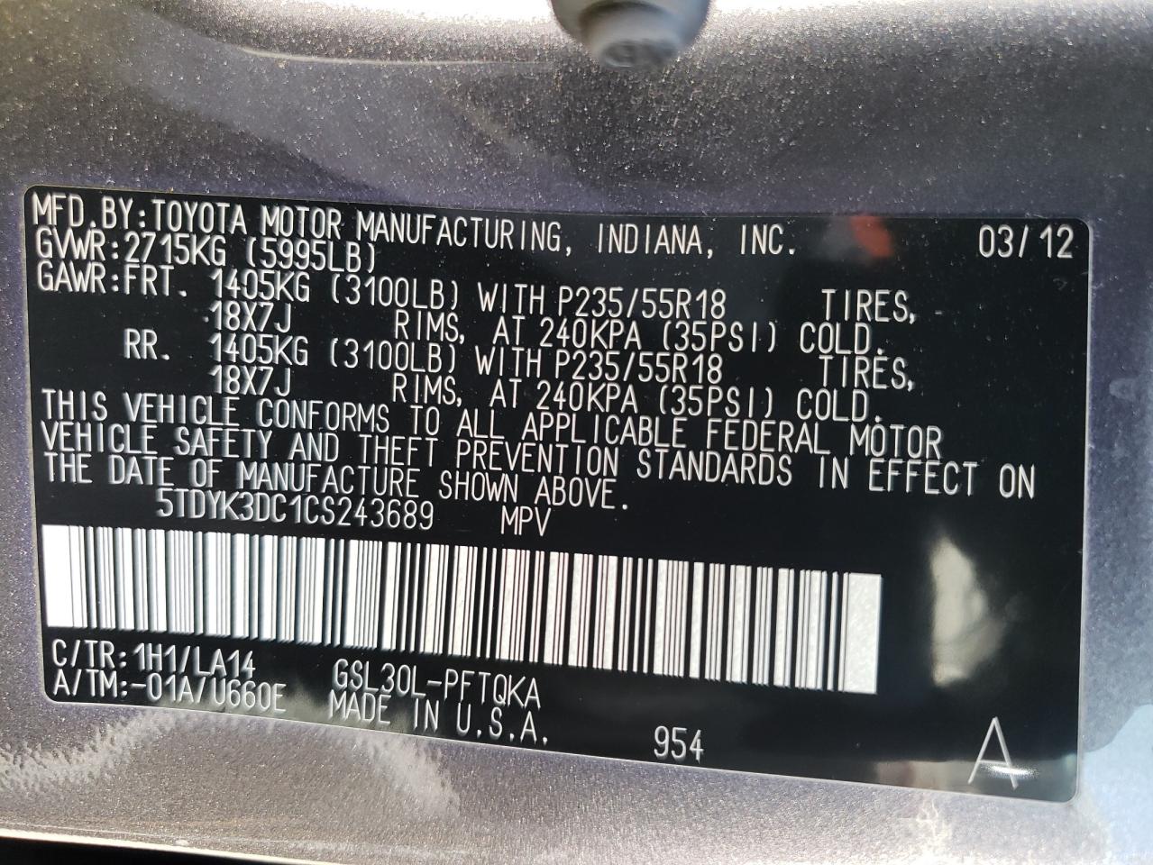 Photo 10 from auction – 2012 TOYOTA SIENNA XLE with VIN 5TDYK3DC1CS243689