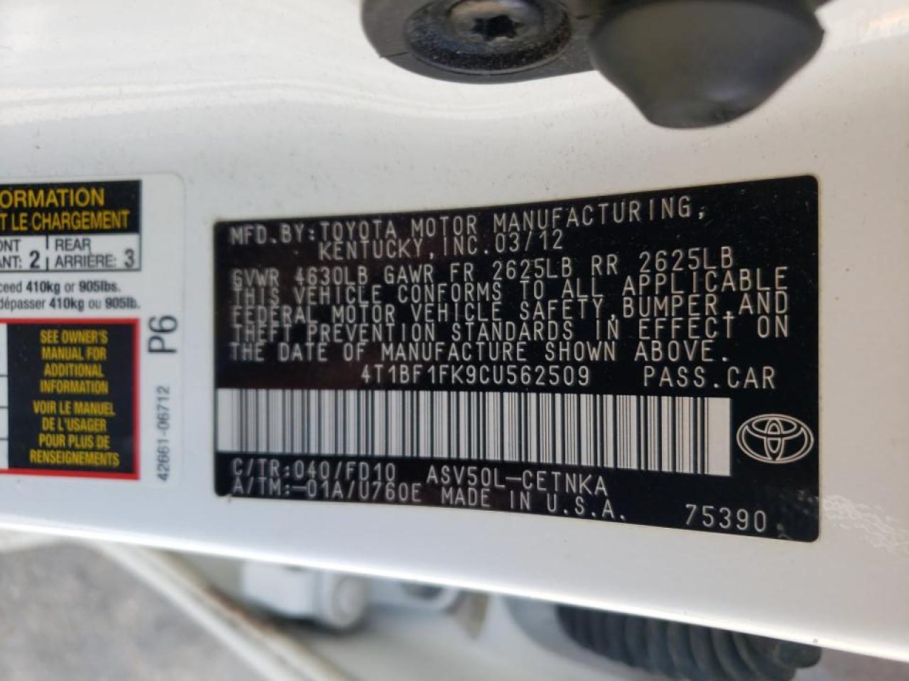 Photo 10 from auction – 2012 TOYOTA CAMRY BASE with VIN 4T1BF1FK9CU562509