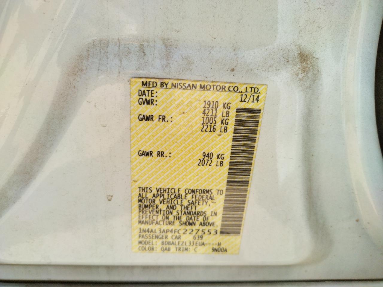 Photo 10 from auction – 2015 NISSAN ALTIMA 2.5 with VIN 1N4AL3AP4FC227553