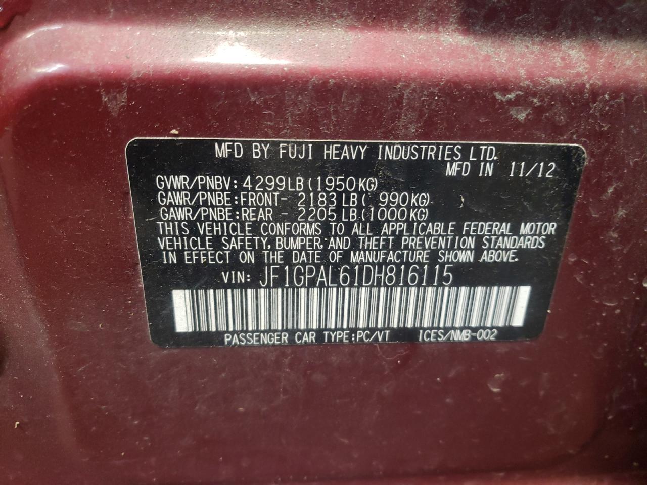 Photo 11 from auction – 2013 SUBARU IMPREZA SP with VIN JF1GPAL61DH816115