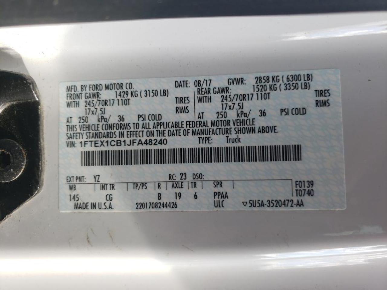 Photo 10 from auction – 2018 FORD F150 SUPER with VIN 1FTEX1CB1JFA48240