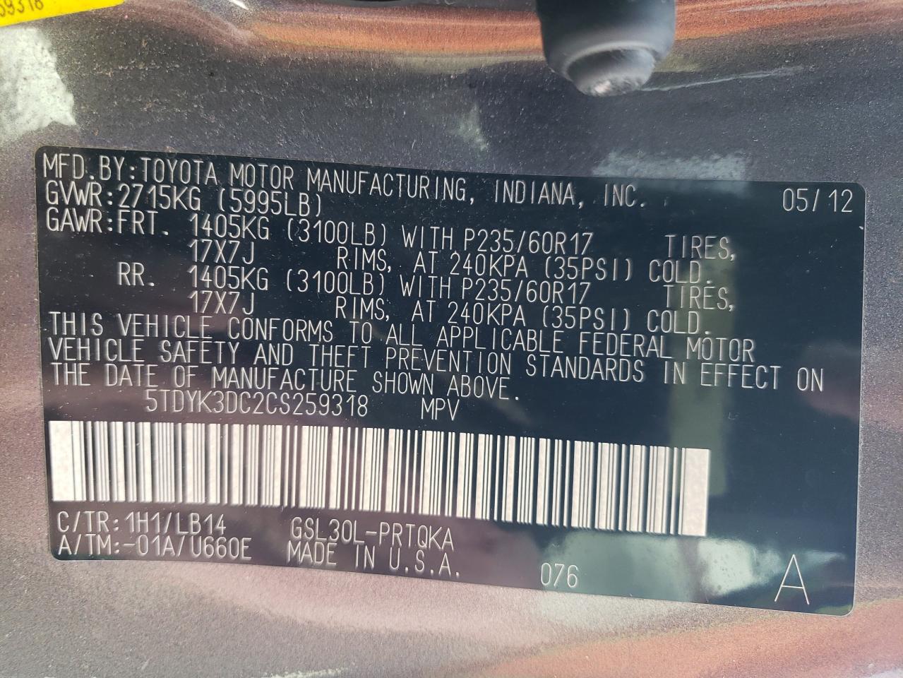 Photo 10 from auction – 2012 TOYOTA SIENNA XLE with VIN 5TDYK3DC2CS259318