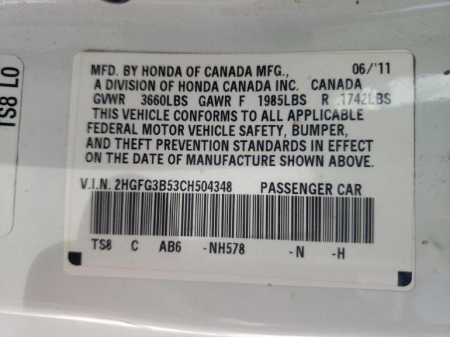 Photo 10 from auction – 2012 HONDA CIVIC LX with VIN 2HGFG3B53CH504348