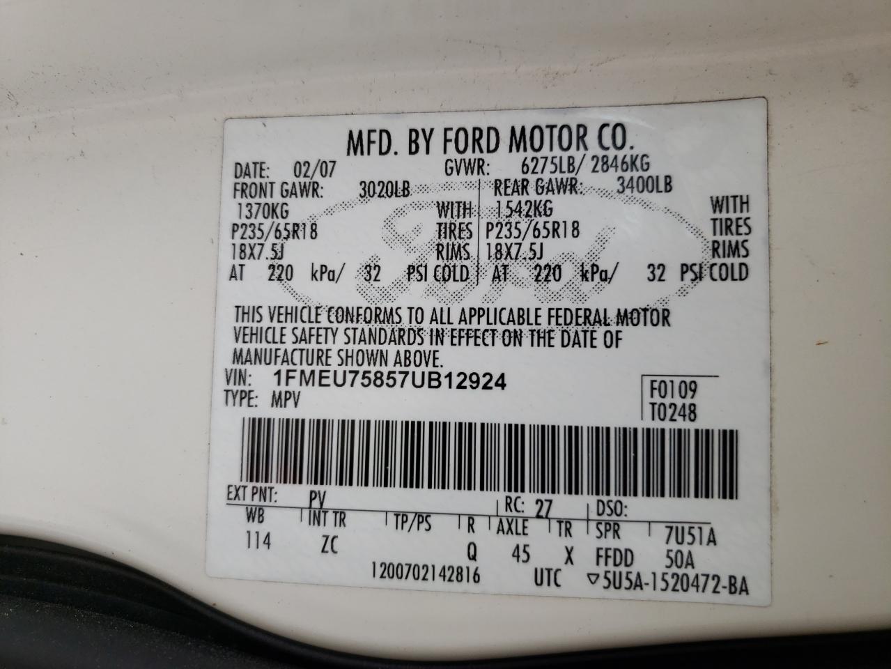 Foto 10 de la subasta – 2007 FORD EXPLORER L con VIN 1FMEU75857UB12924